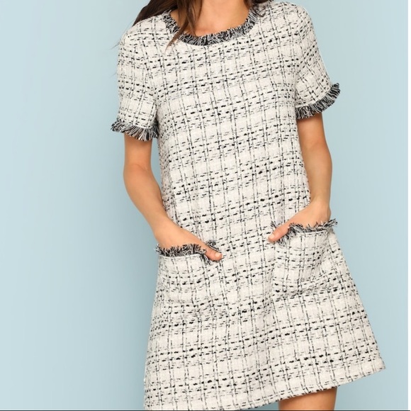 SHEIN Dresses & Skirts - Shein Frayed Hem Pocket Tweed Shift Dress Sz M